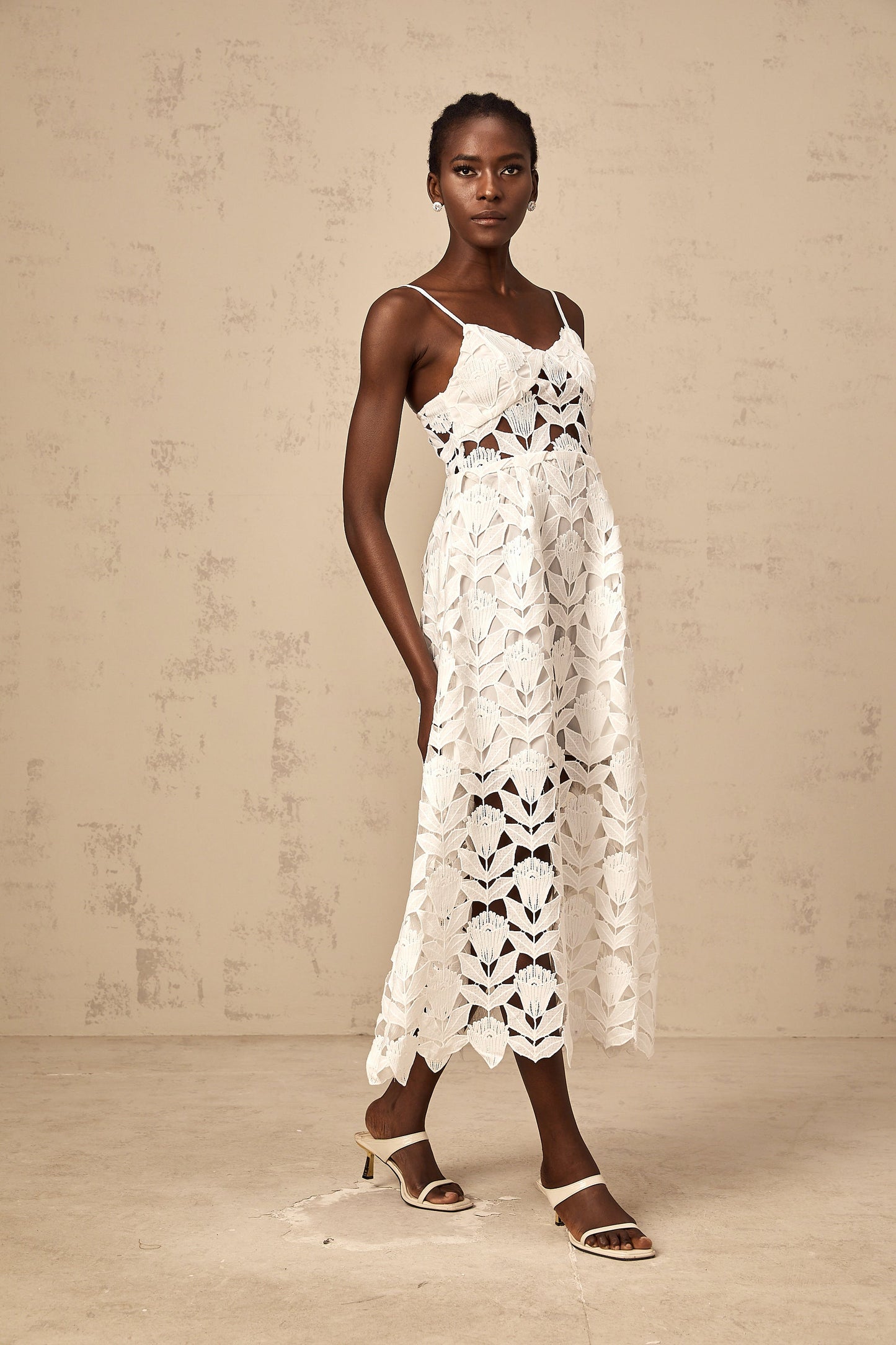 Delphine white cut-out lace midi dress
