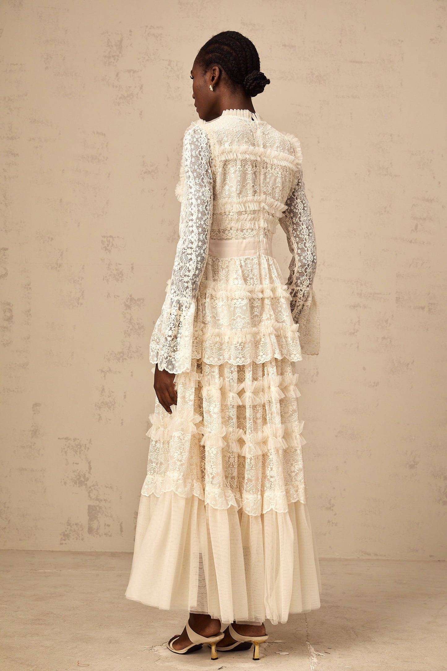 Agnès neutrals lace-panel ruffled tulle maxi dress