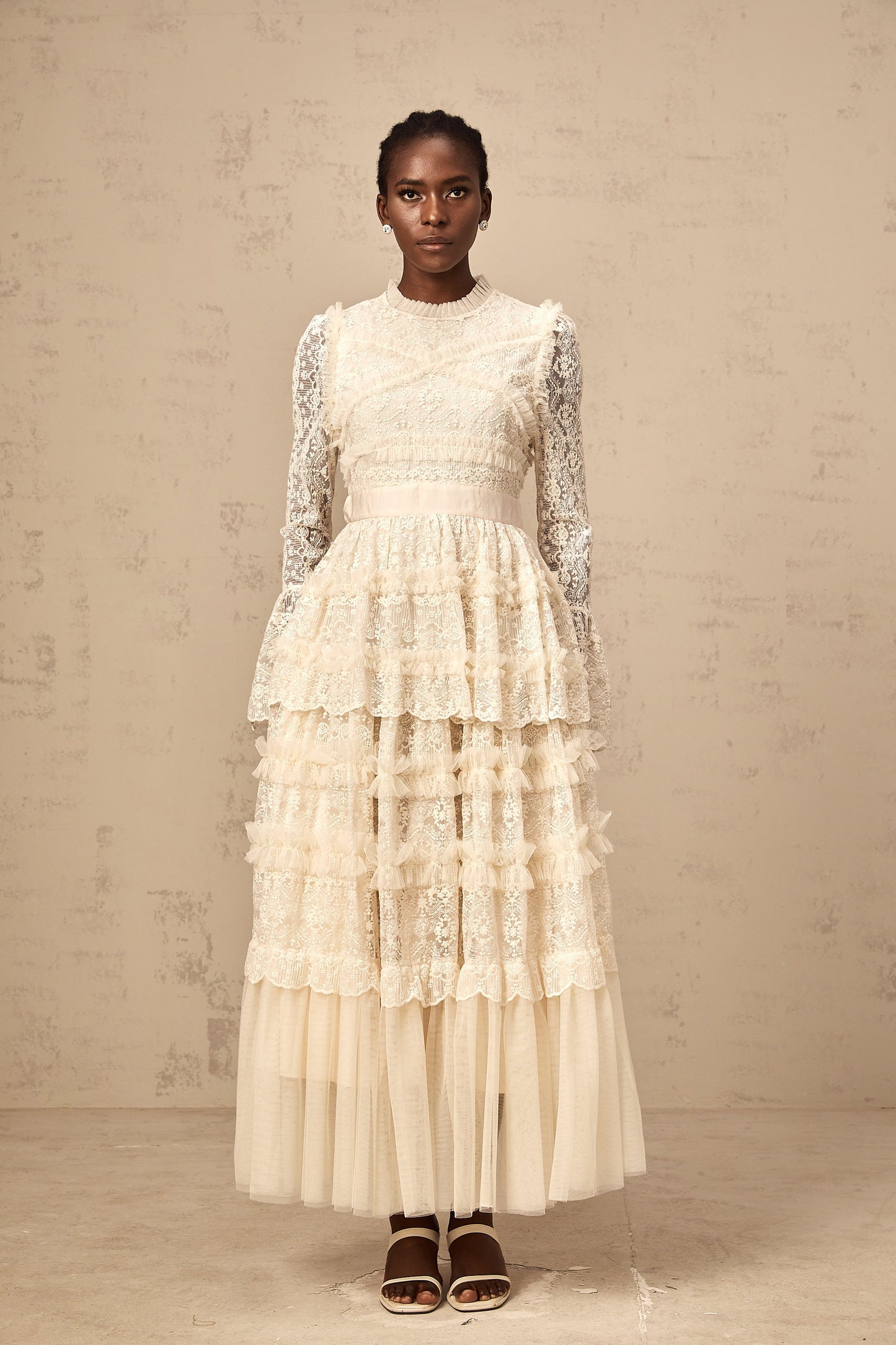 Agnès neutrals lace-panel ruffled tulle maxi dress
