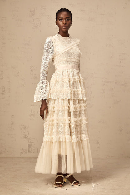 Agnès neutrals lace-panel ruffled tulle maxi dress