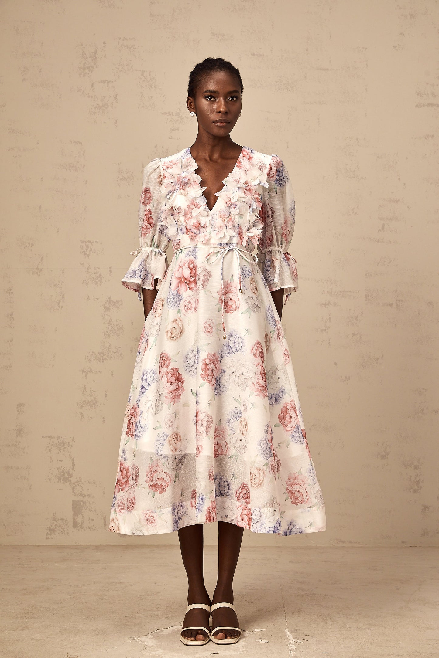 Téa 3d-petal floral-print midi dress