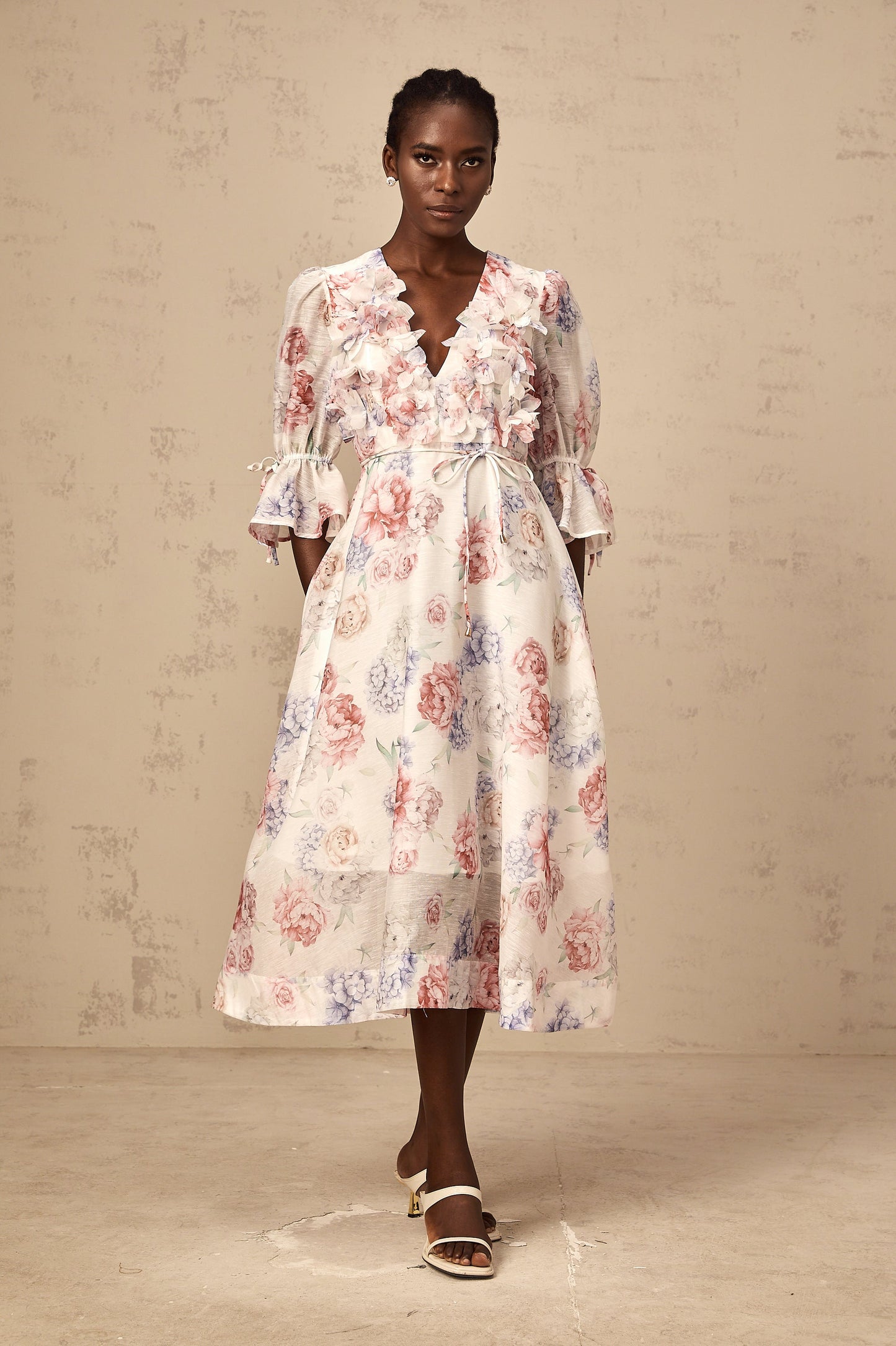 Téa 3d-petal floral-print midi dress