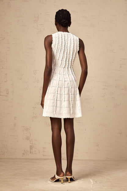 Esmée white ruffled sleeveless knit mini dress