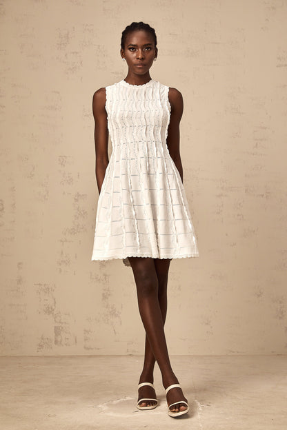 Esmée white ruffled sleeveless knit mini dress