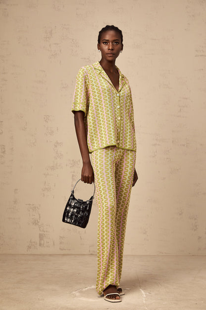 Ophélie green color-block knitted shirt & trousers matching set