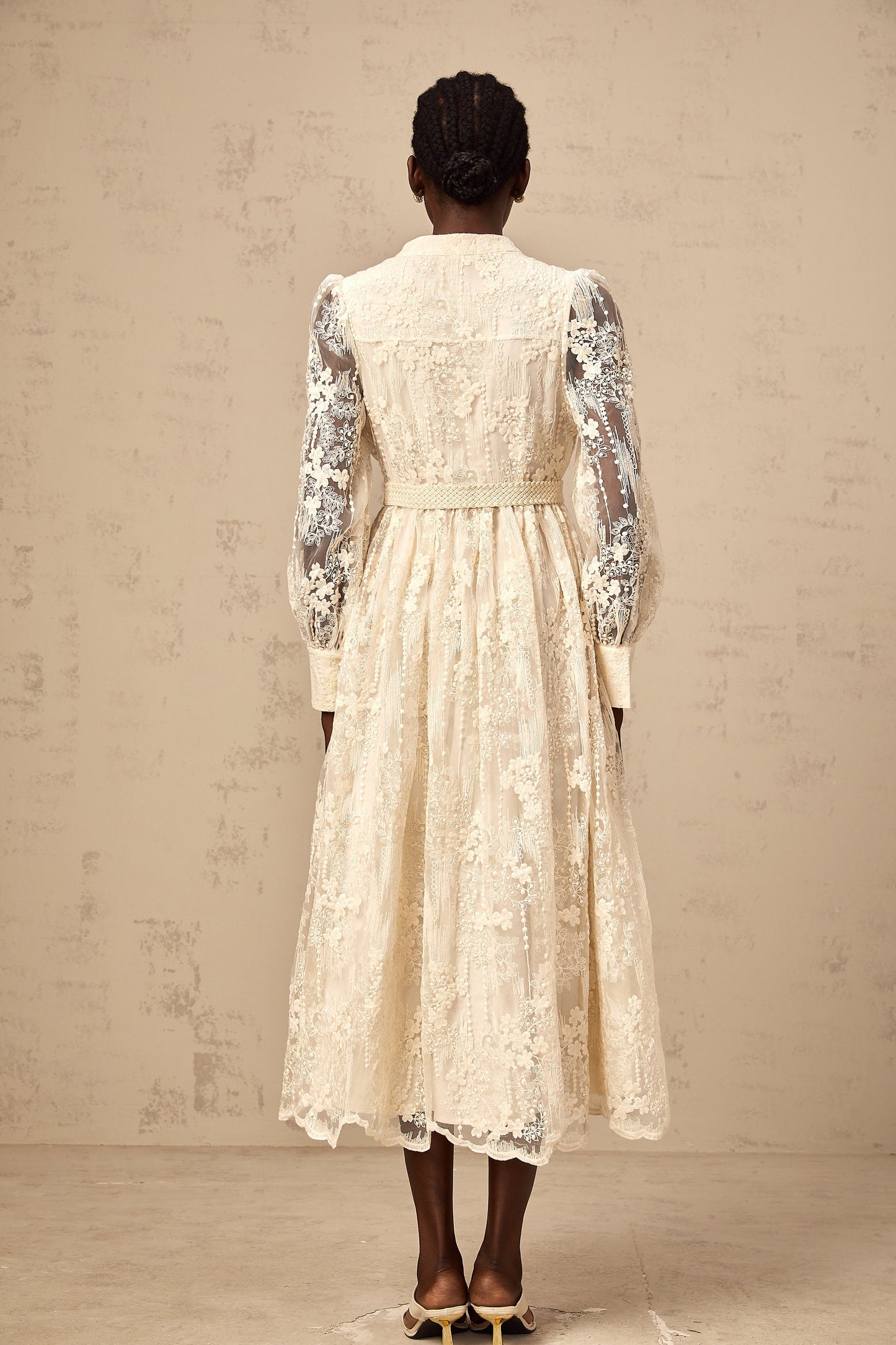 Roxane neutrals lace-embroidery midi dress