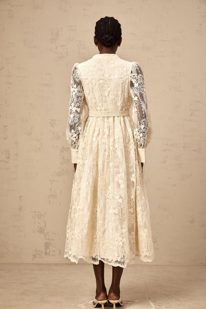 Roxane neutrals lace-embroidery midi dress