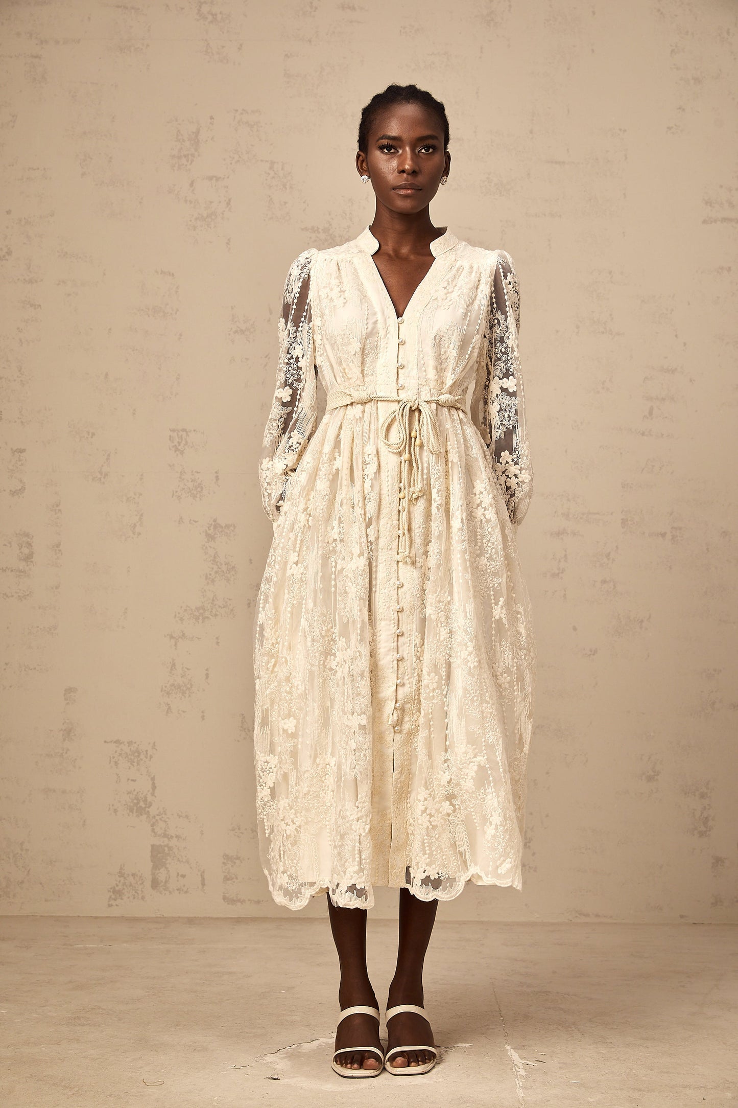 Roxane neutrals lace-embroidery midi dress
