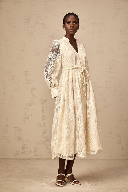 Roxane neutrals lace-embroidery midi dress