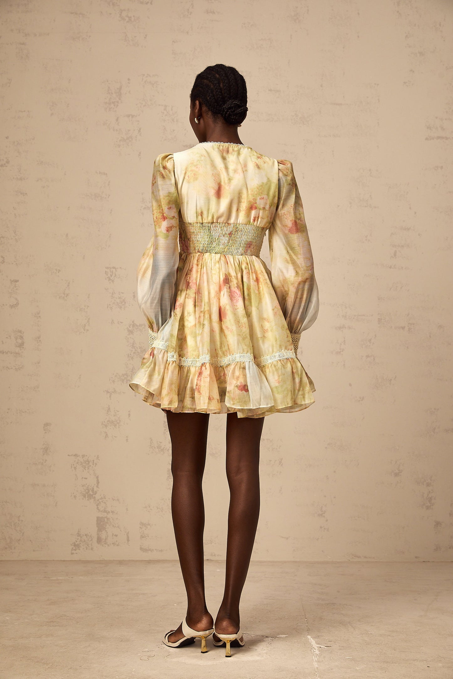 Olivia yellow lace-panelling floral-print mini dress