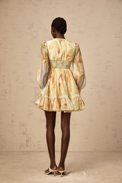 Olivia yellow lace-panelling floral-print mini dress