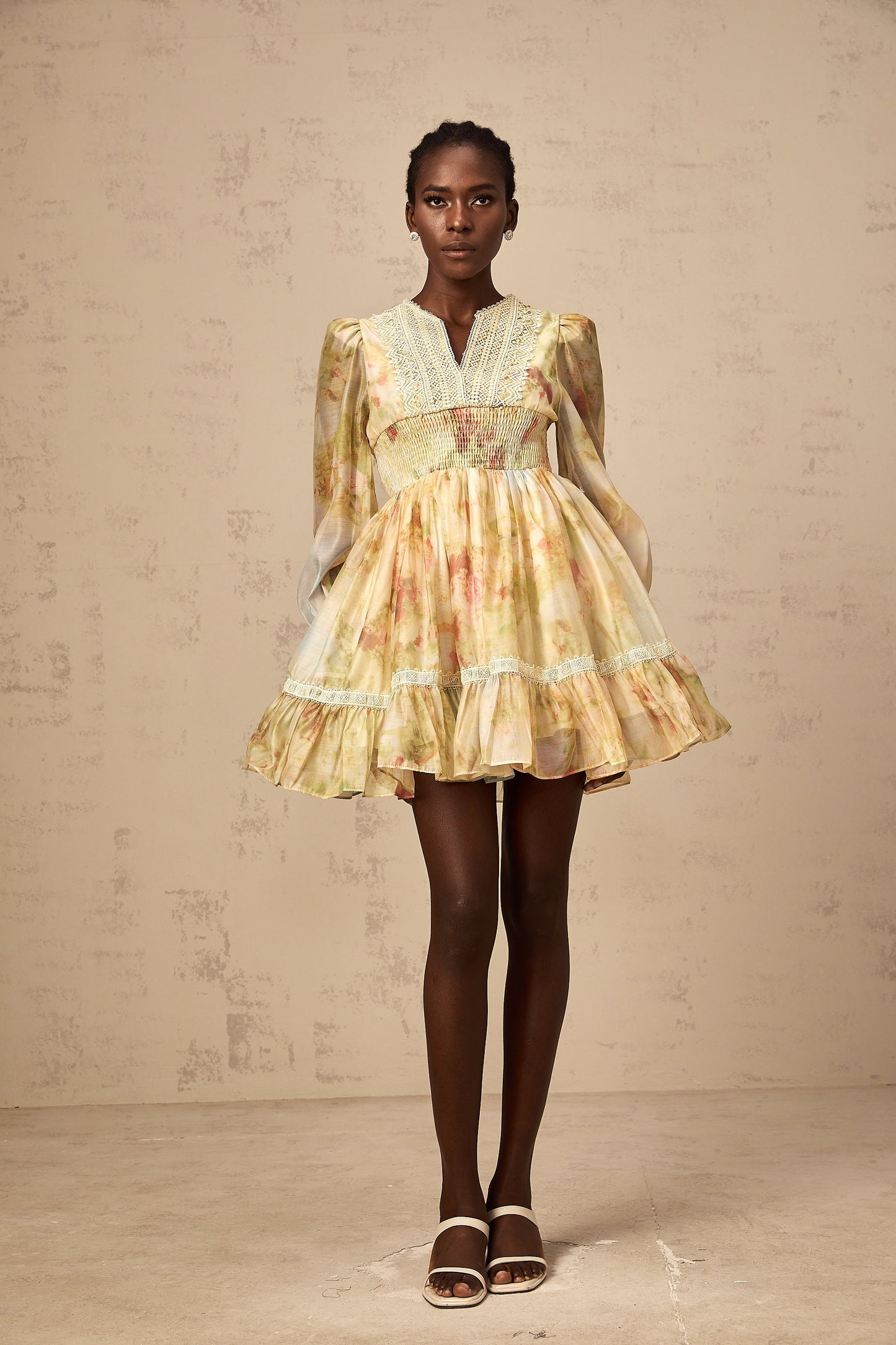 Olivia yellow lace-panelling floral-print mini dress