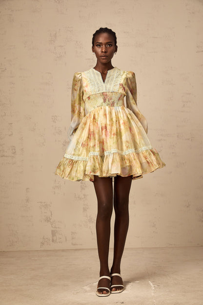 Olivia yellow lace-panelling floral-print mini dress