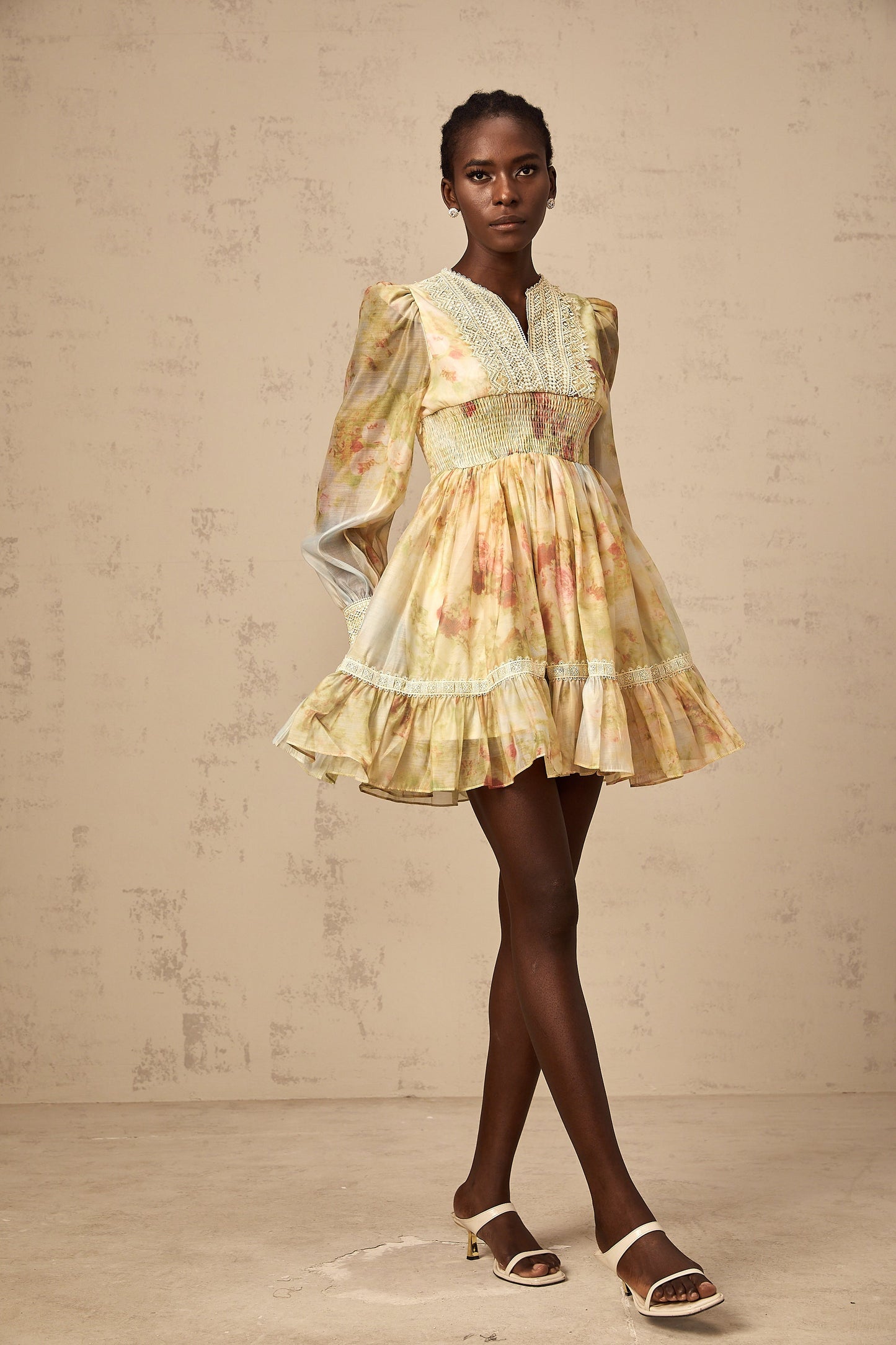 Olivia yellow lace-panelling floral-print mini dress