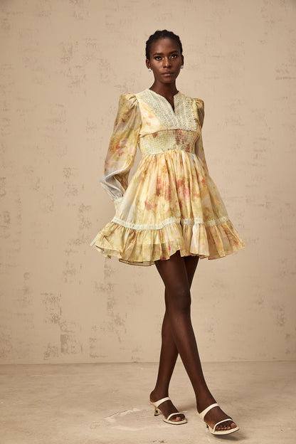 Olivia yellow lace-panelling floral-print mini dress