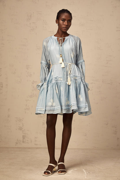 Félicie blue flower-embroidery mini dress