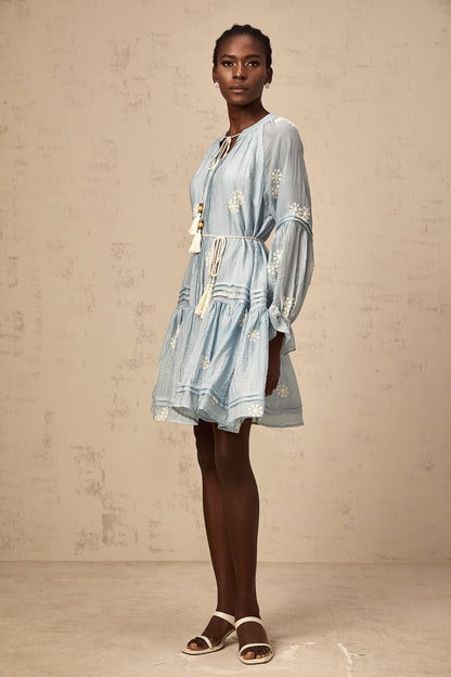 Félicie blue flower-embroidery mini dress