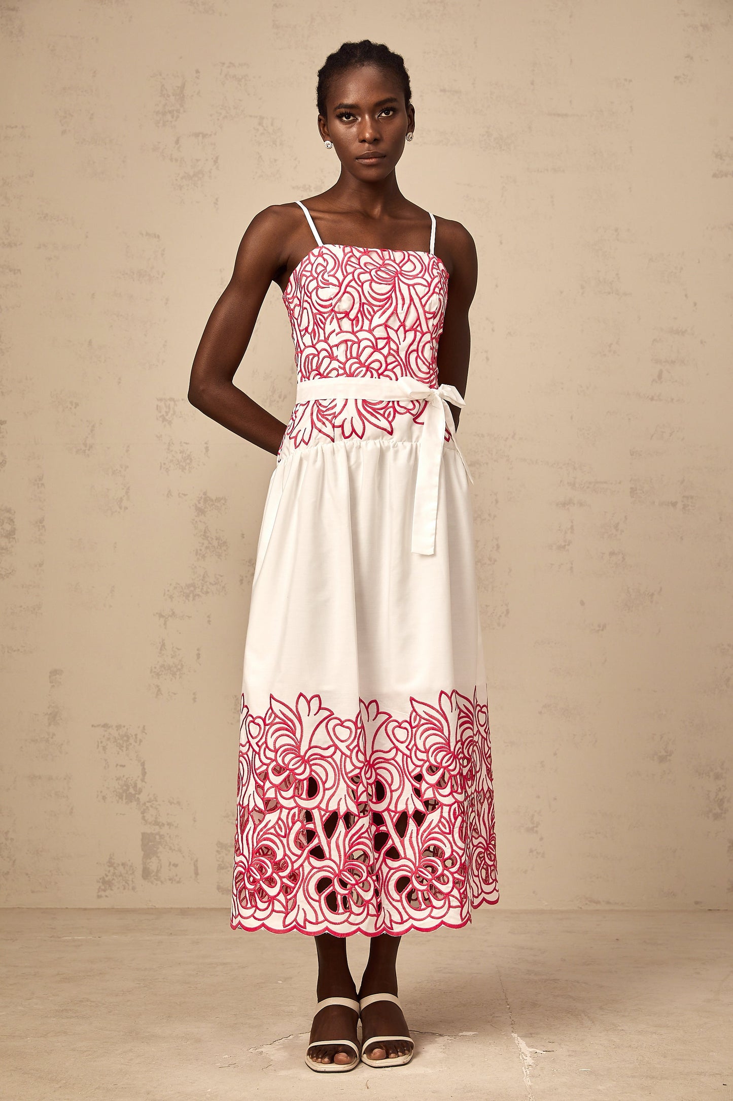 Béatrice pink cut-out embroidered midi dress