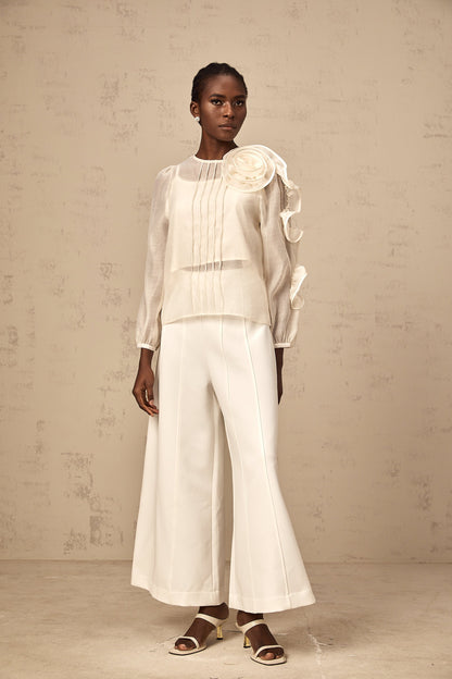 Pascale neutrals 3d-flower semi-sheer blouse
