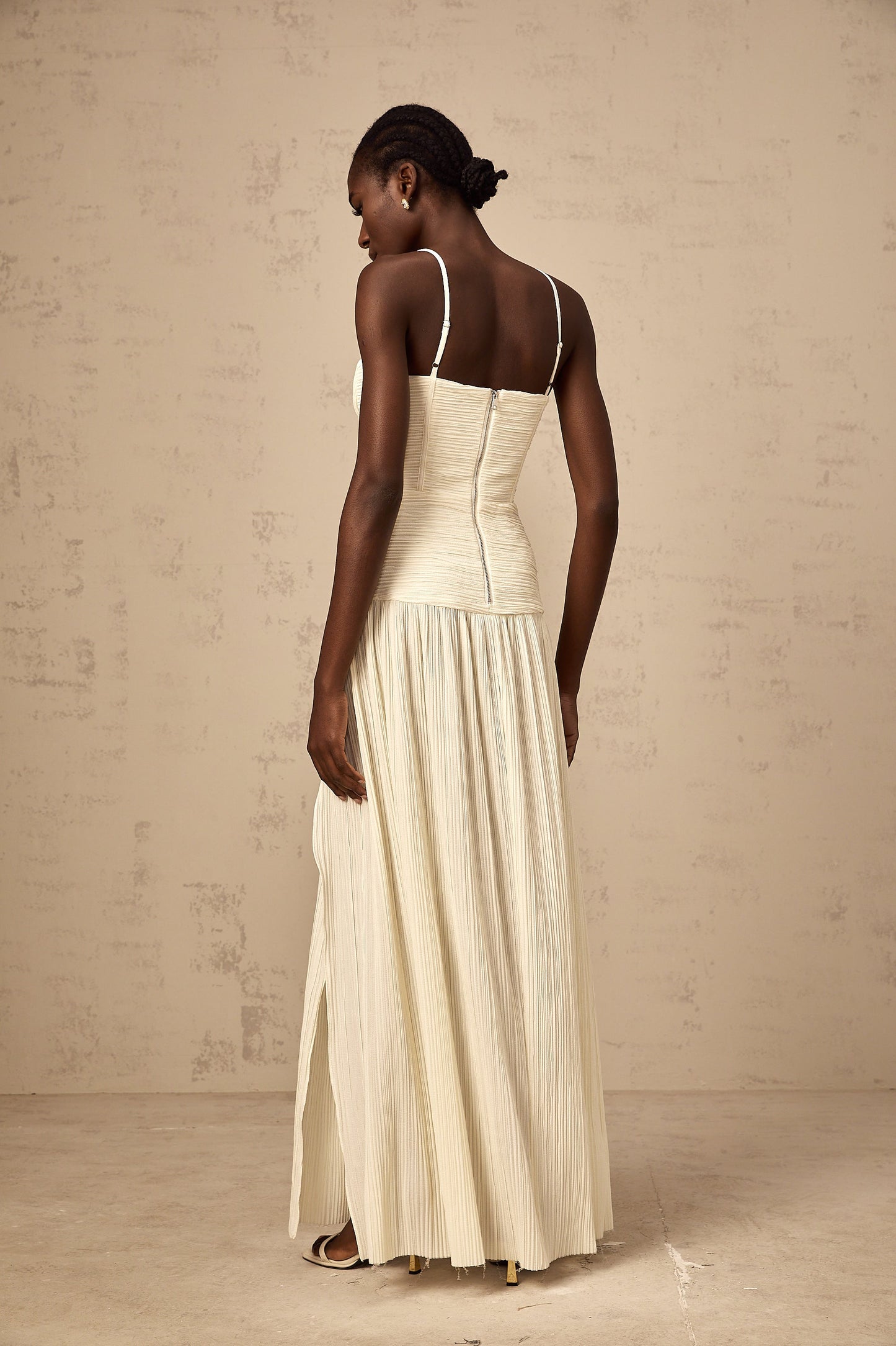 Félicie side-slit pleated maxi dress in Neutrals
