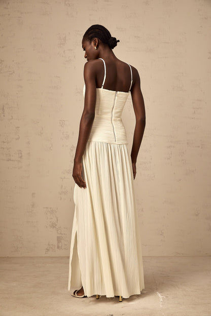 Félicie side-slit pleated maxi dress in Neutrals
