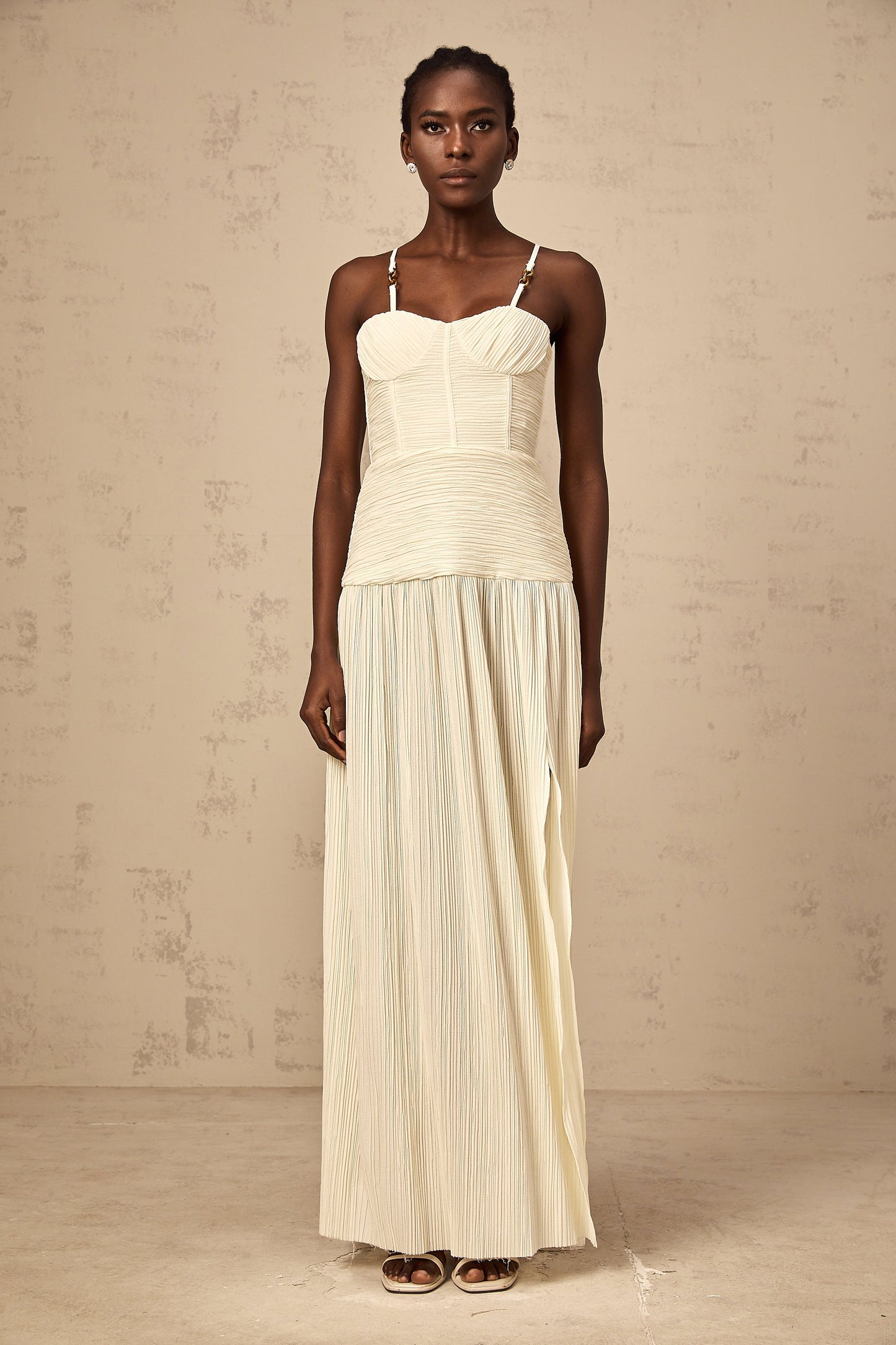 Félicie side-slit pleated maxi dress in Neutrals