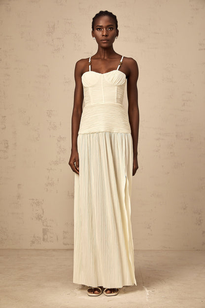 Félicie side-slit pleated maxi dress in Neutrals