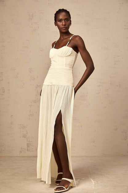 Félicie side-slit pleated maxi dress in Neutrals