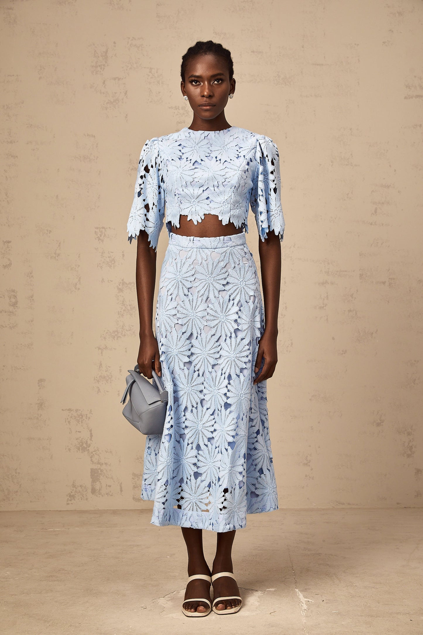 Audrey blue guipure-lace top & skirt matching set