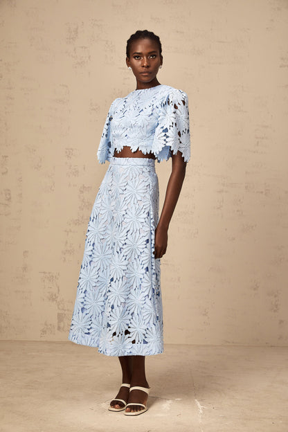 Audrey blue guipure-lace top & skirt matching set