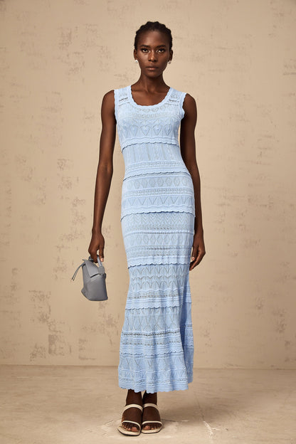 Mailys blue ruffled-trim crochet-knit midi dress