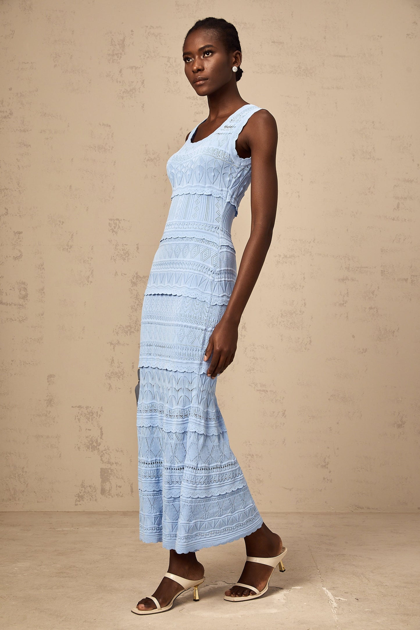 Mailys blue ruffled-trim crochet-knit midi dress