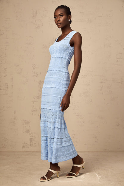 Mailys blue ruffled-trim crochet-knit midi dress