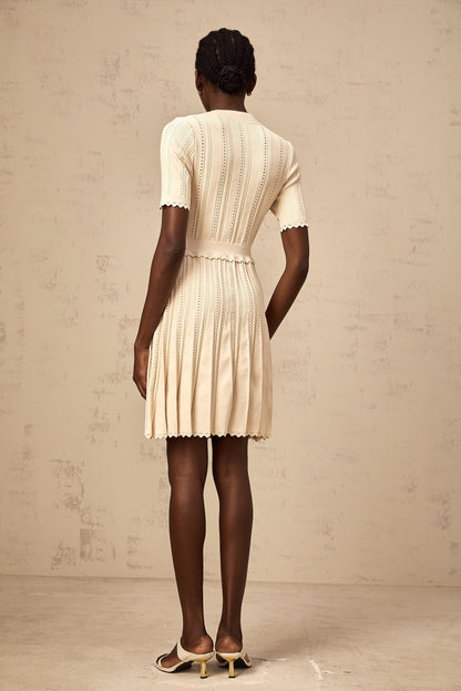 Amélie neutrals pointelle-trim pleated knit mini dress