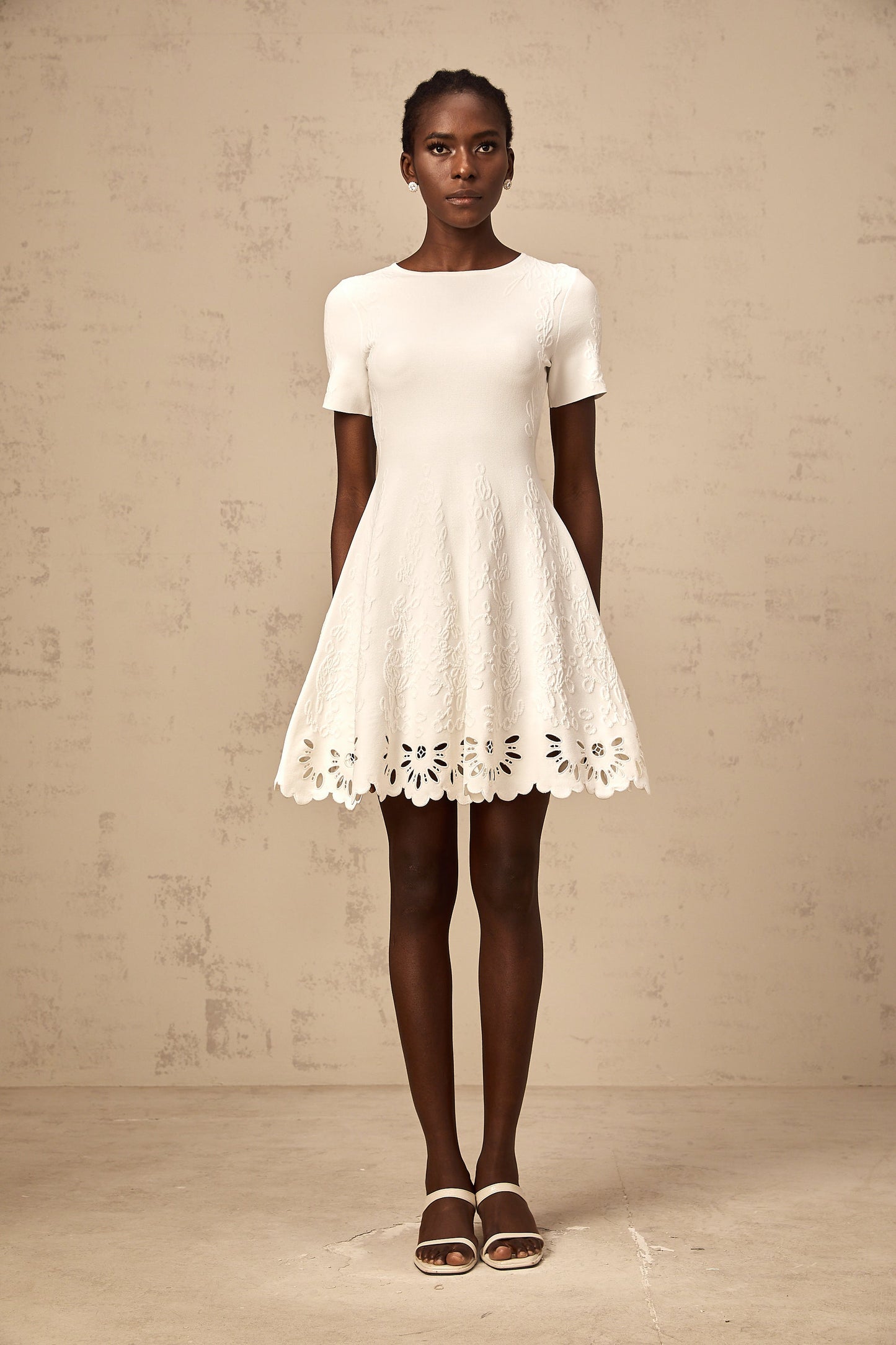 Émilie white knitted cut-out jacquard mini dress