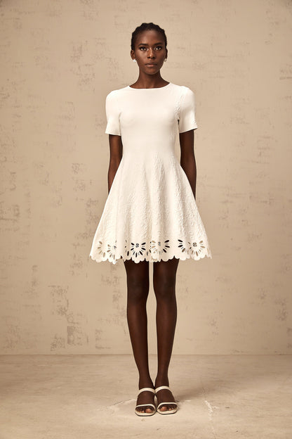 Émilie white knitted cut-out jacquard mini dress