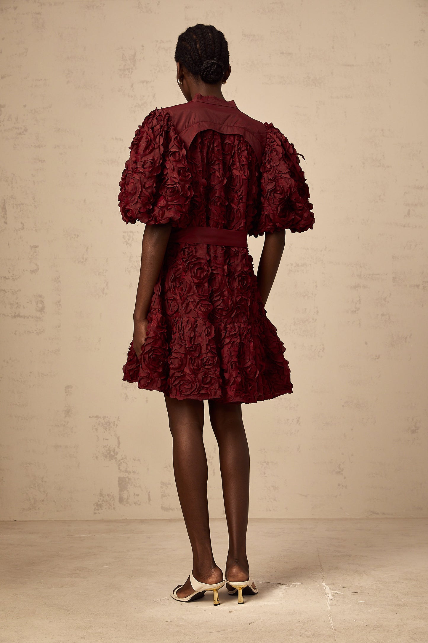 Ségolène wine-red 3D-petal puff mini dress