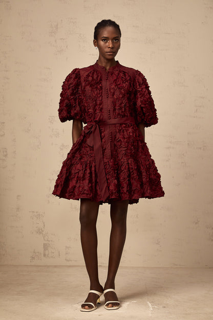 Ségolène wine-red 3D-petal puff mini dress