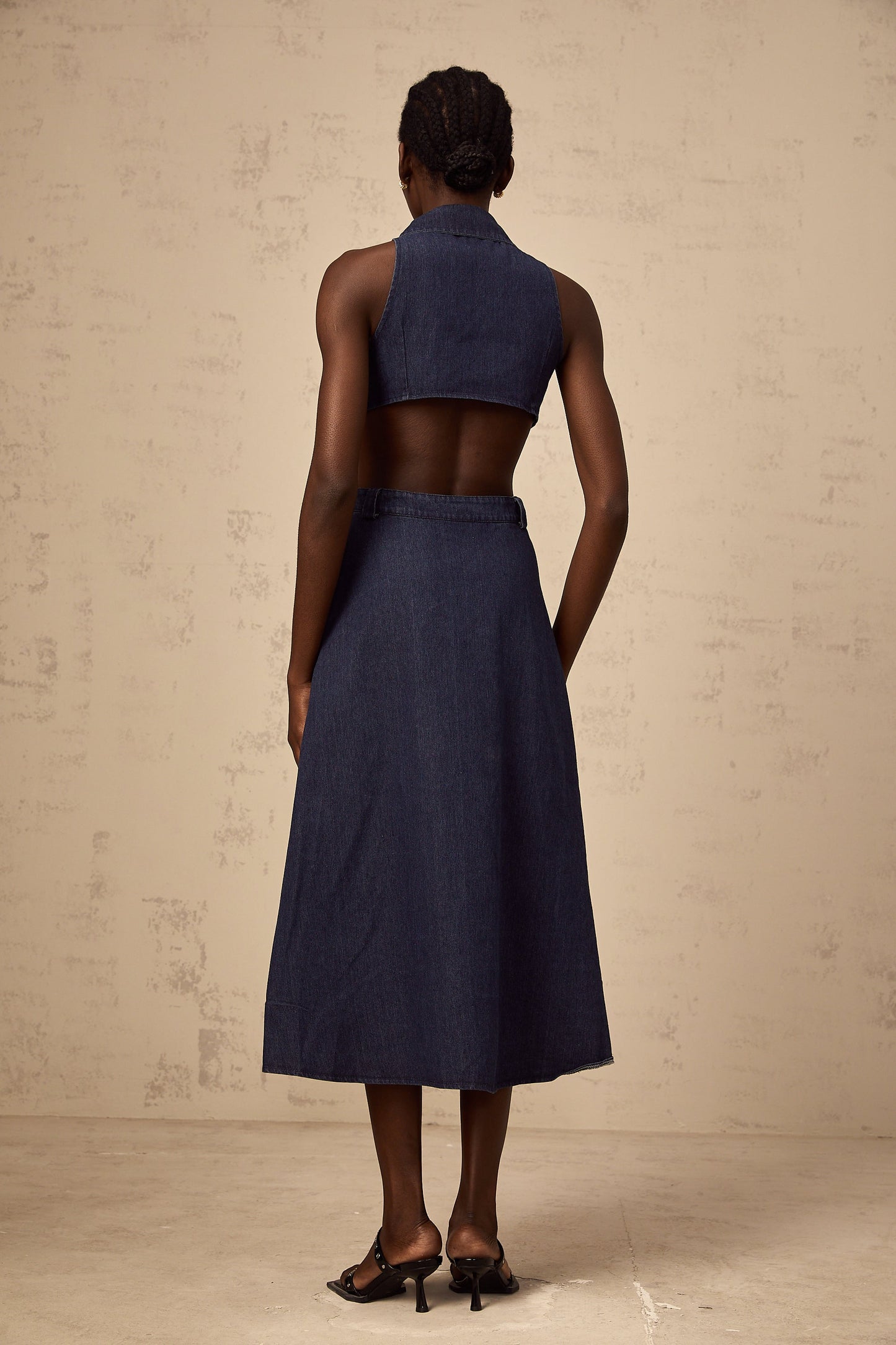 Flavie dark-blue cut-out denim midi dress