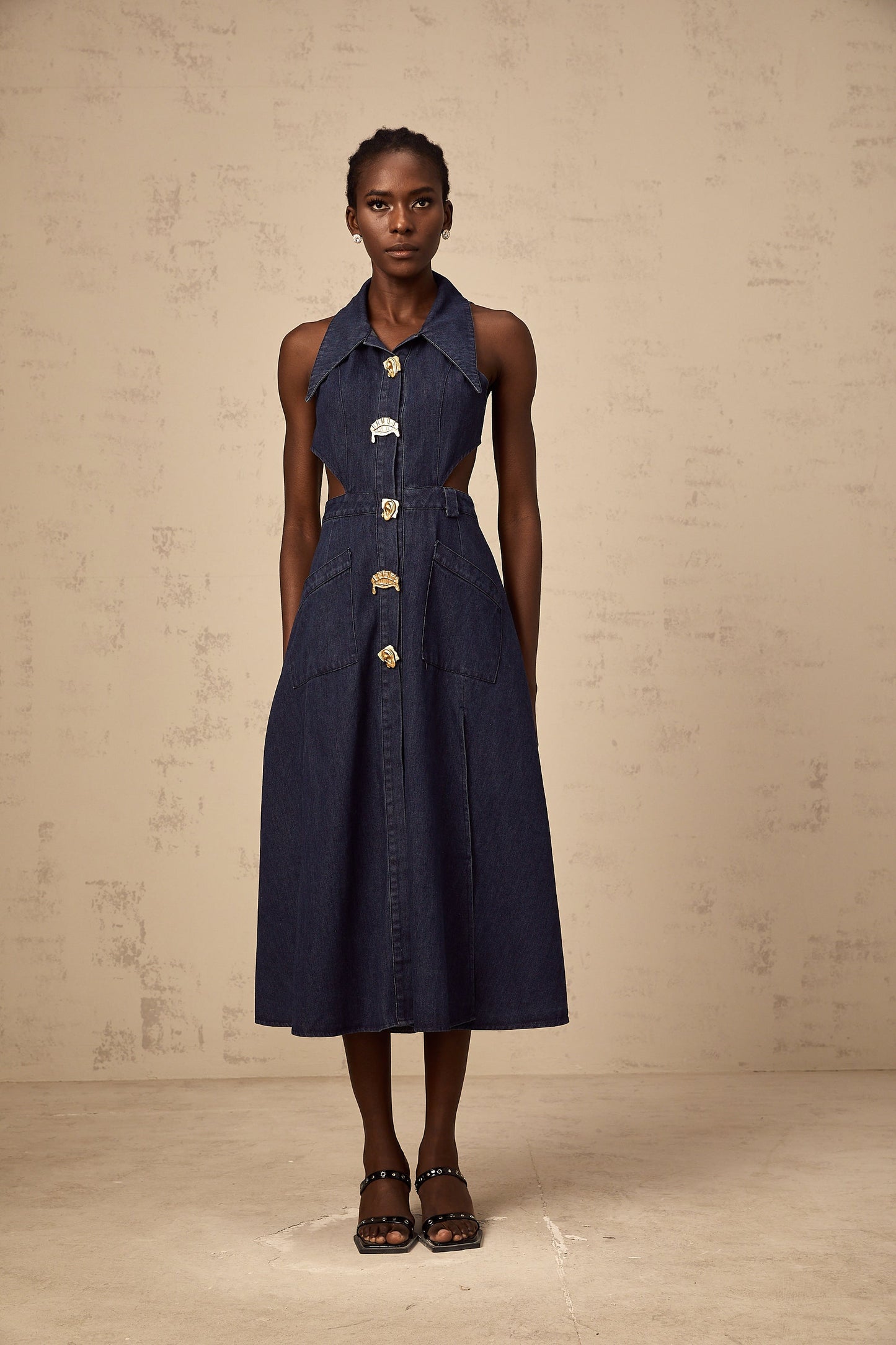 Flavie dark-blue cut-out denim midi dress