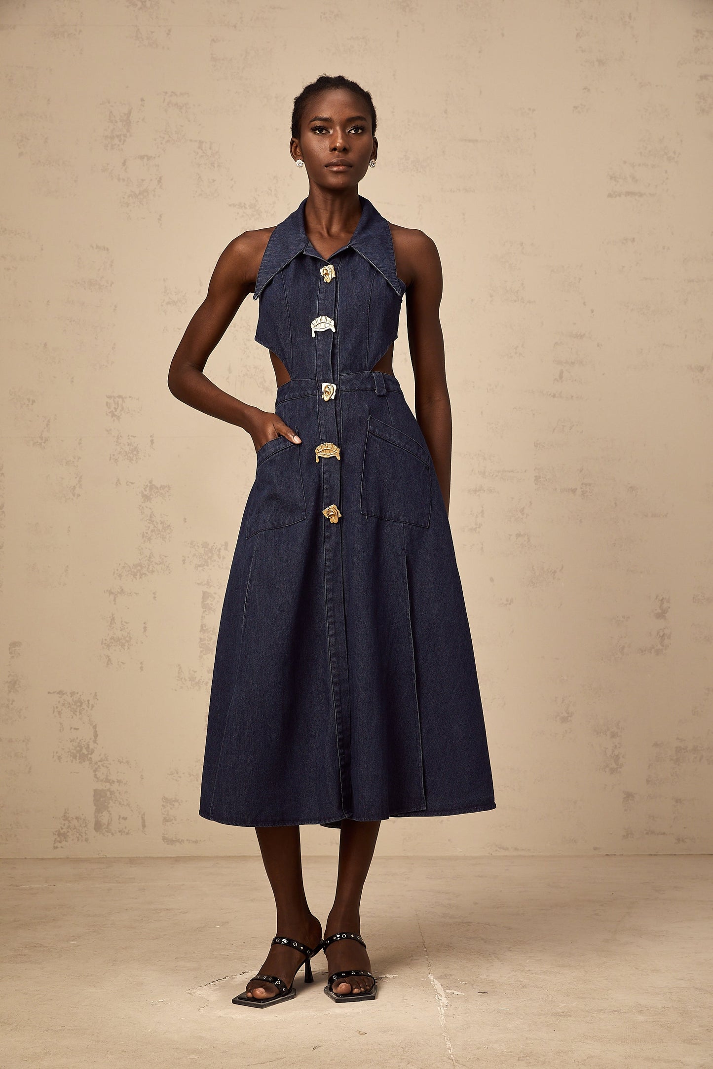 Flavie dark-blue cut-out denim midi dress