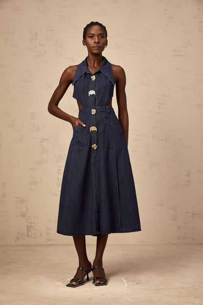 Flavie dark-blue cut-out denim midi dress