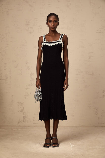 Noémie black sleeveless crochet-knit midi dress