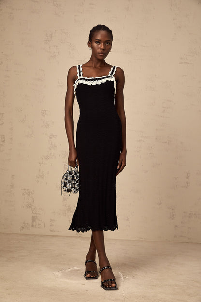 Noémie black sleeveless crochet-knit midi dress