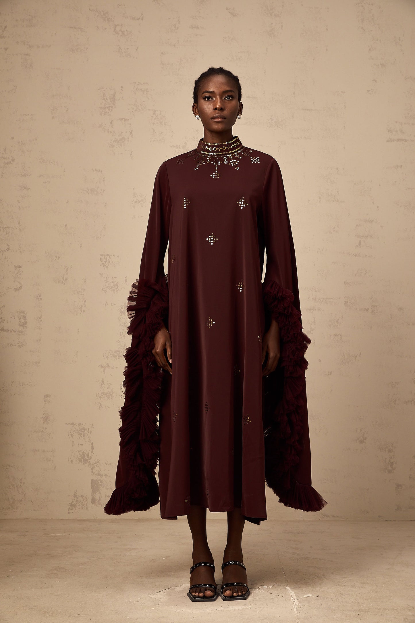 Anaïs purple sequined flared-sleeve midi dress