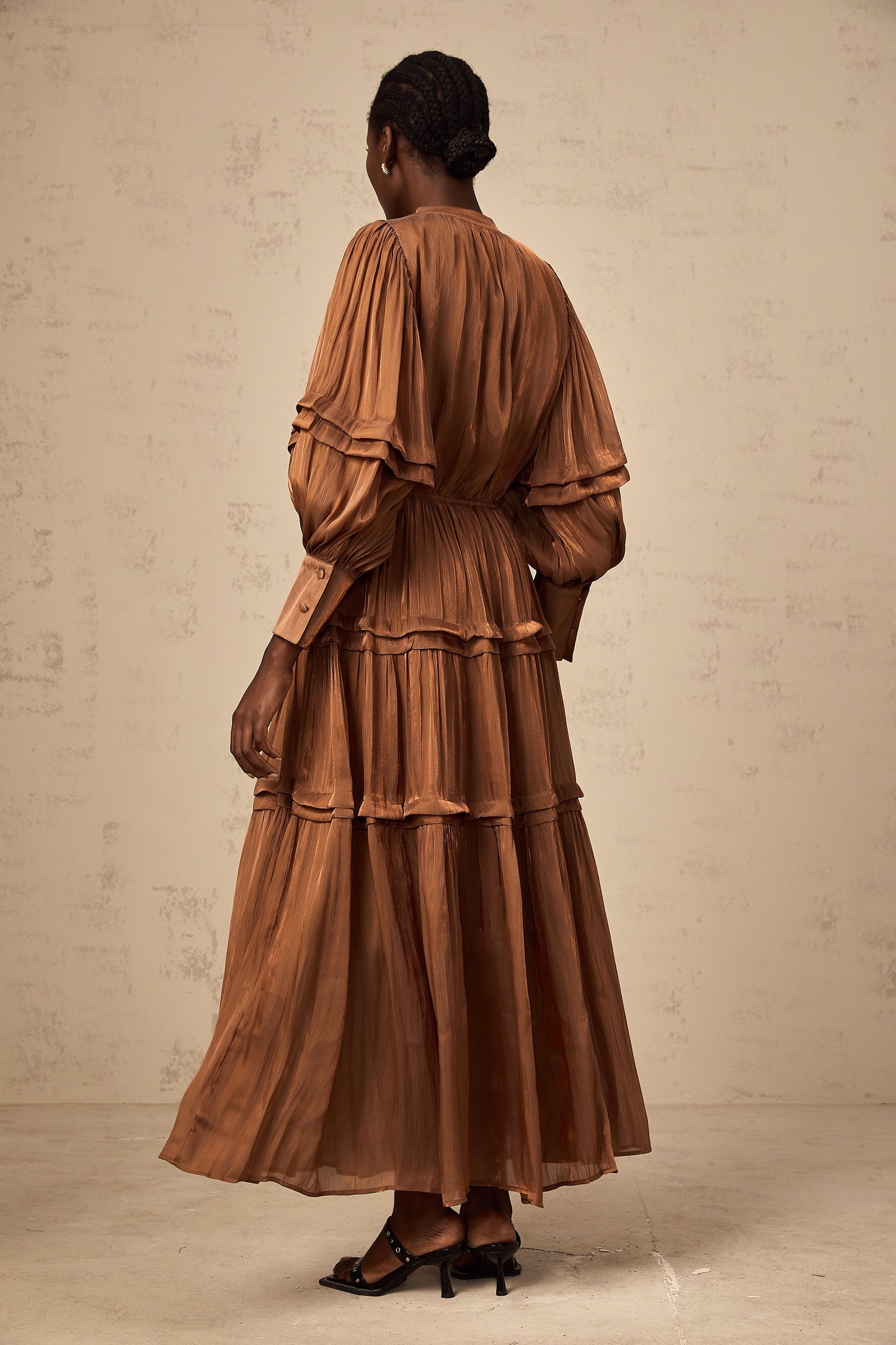 Emma brown ruffled-trim tiered maxi dress