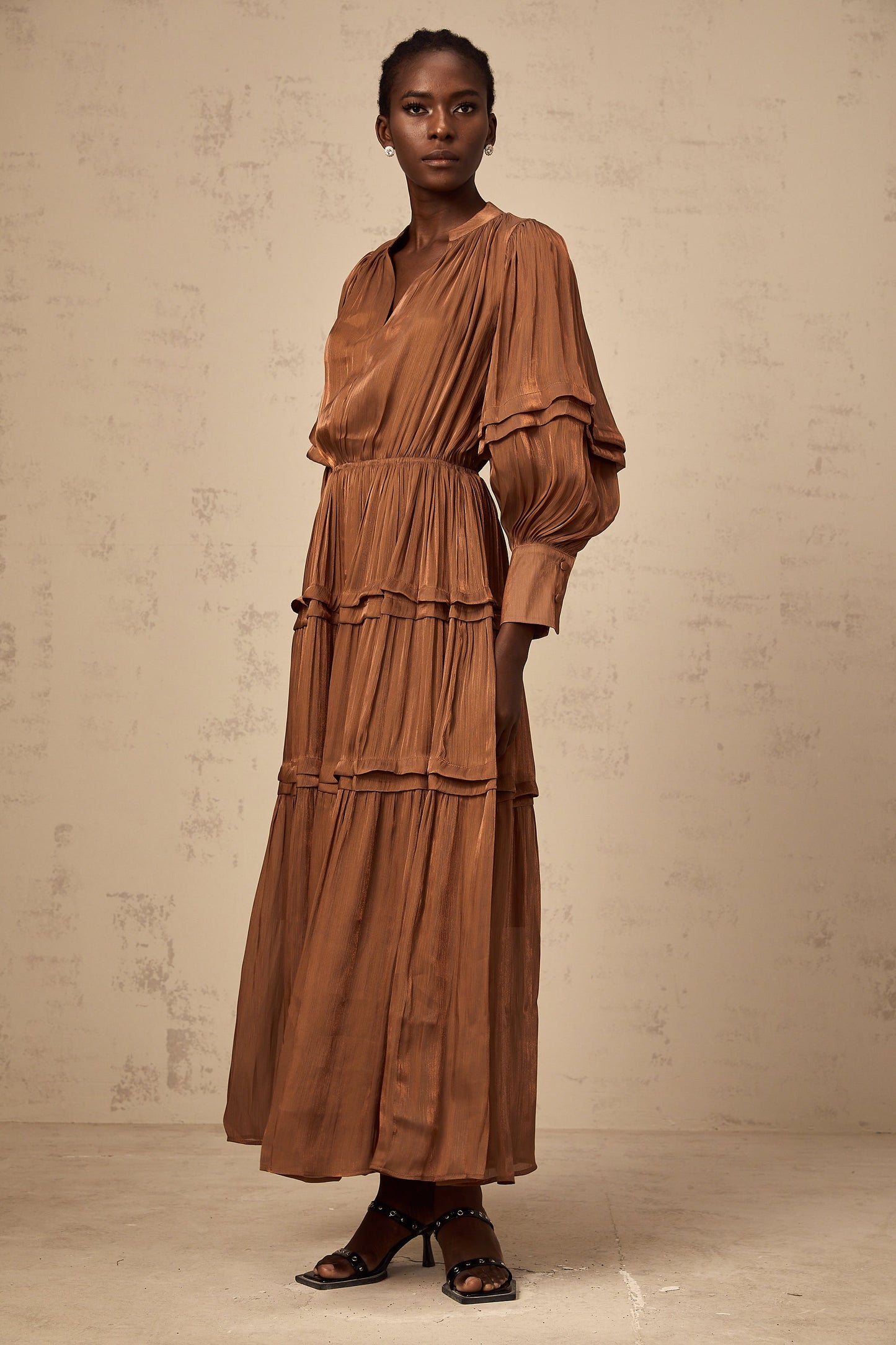 Emma brown ruffled-trim tiered maxi dress