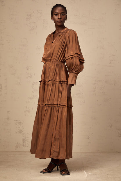 Emma brown ruffled-trim tiered maxi dress