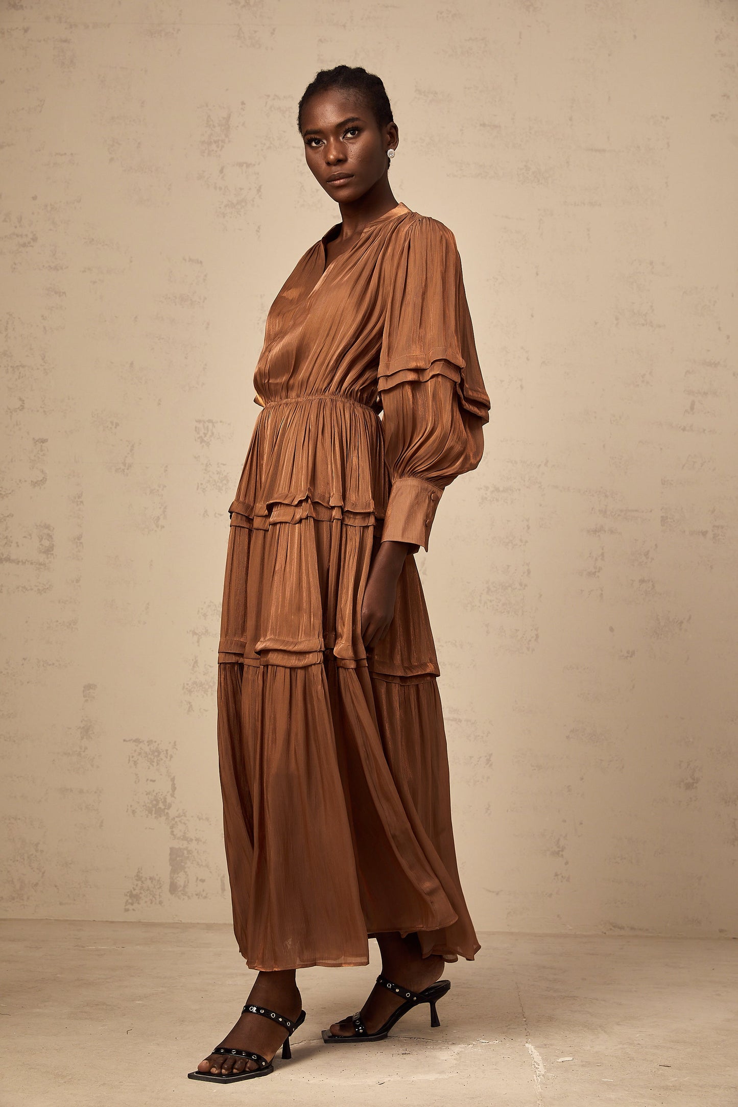 Emma brown ruffled-trim tiered maxi dress