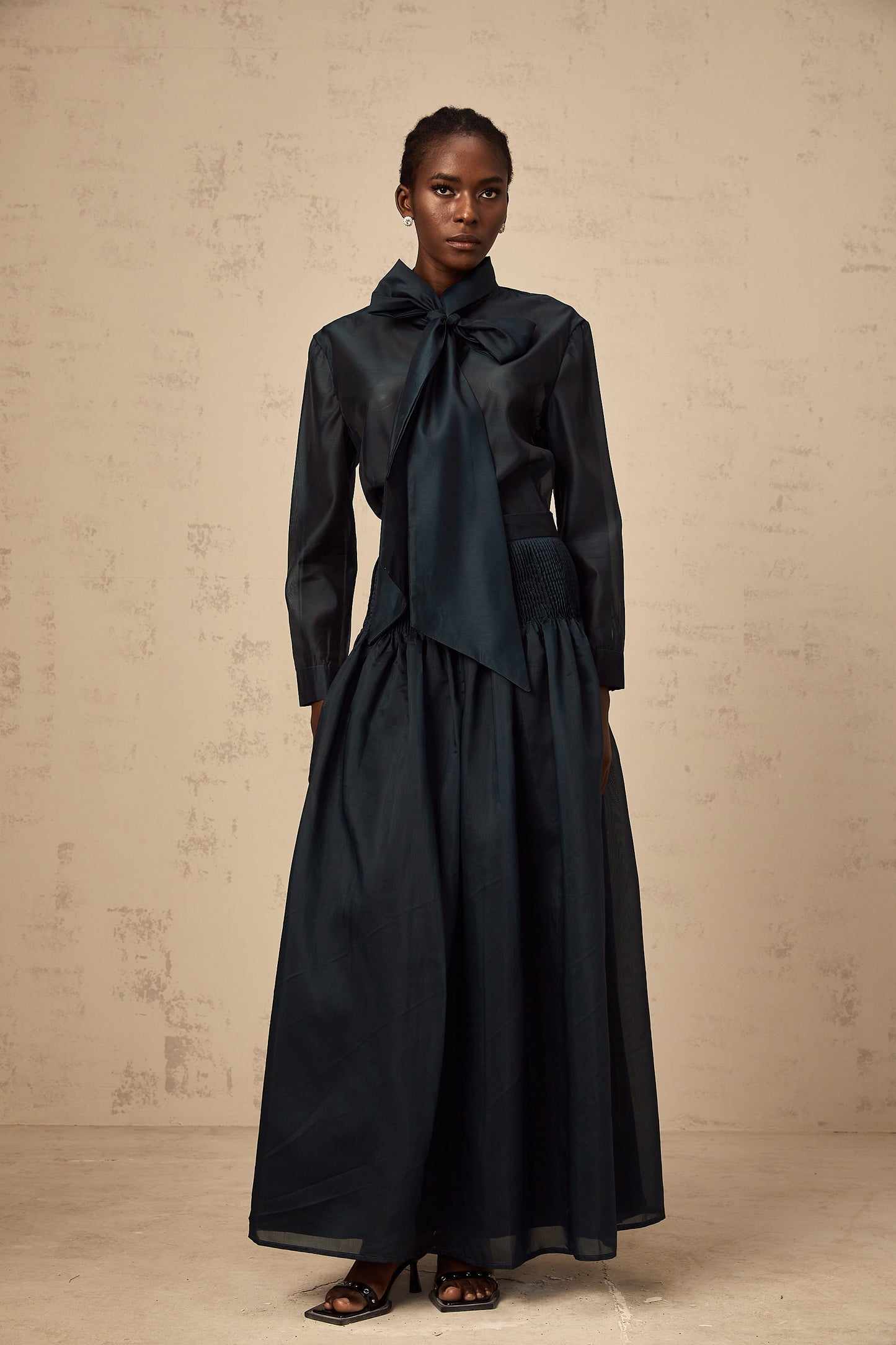 Zoé dark-green ribbon tie-neck shirt & skirt matching set